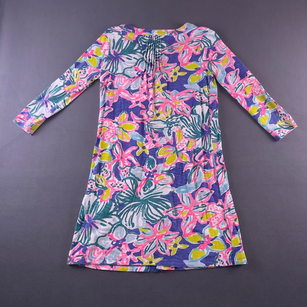 Lilly Pulitzer XS Pink Blue Floral Pintuck Cotton Modal Slub Jersey Shift Dress - Picture 6 of 6